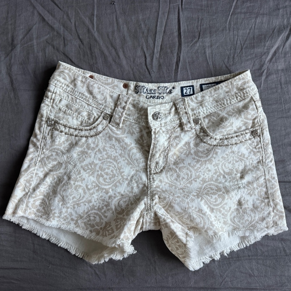 Miss Me Cream & White Patterned Jean Shorts